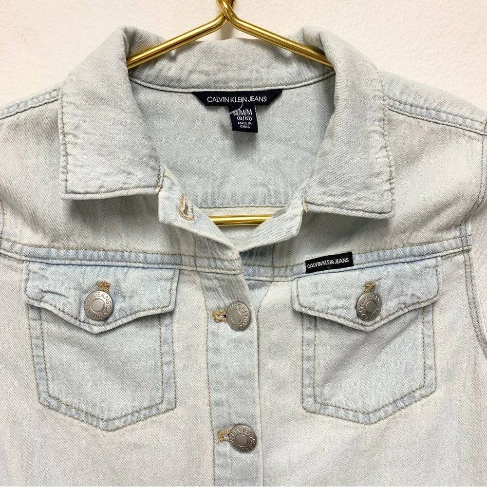 Calvin Klein Girls Chambray Denim Shirt Dress‎ Size M Logo Waistband Long Sleeve